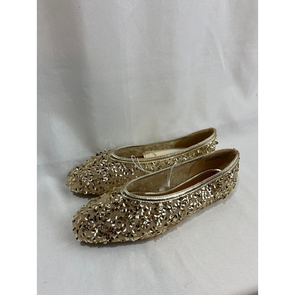 A New Day Womens Gold Sequin Ballet Flats Shimmer Mesh Slip On Shoes 7.5 NEW